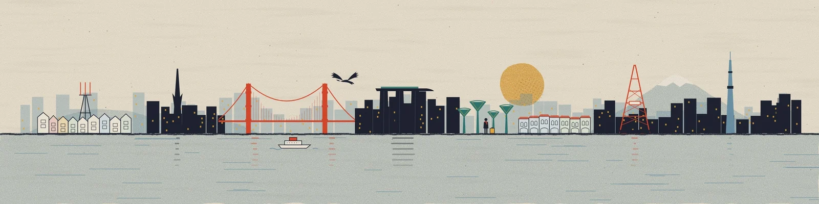 A skyline running from San Francisco through Singapore to Tokyo, with a raven flying over the bay